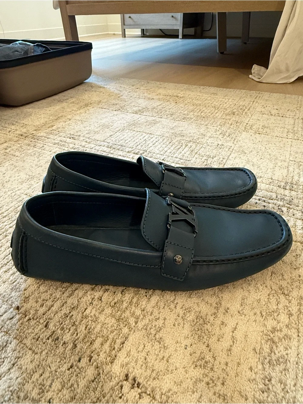 Louis Vuitton Navy Blue Leather Slip-On Loafers with LV Buckle